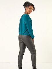 Roman Blue Petite Sequin Trim Blouson Top - Image 3 of 5