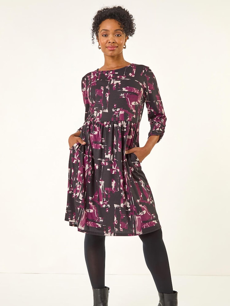 Roman Purple Petite Abstract Gathered Stretch Dress - Image 2 of 5 Roman Purple Petite Abstract Gathered Stretch Dress - Image 2 of 5