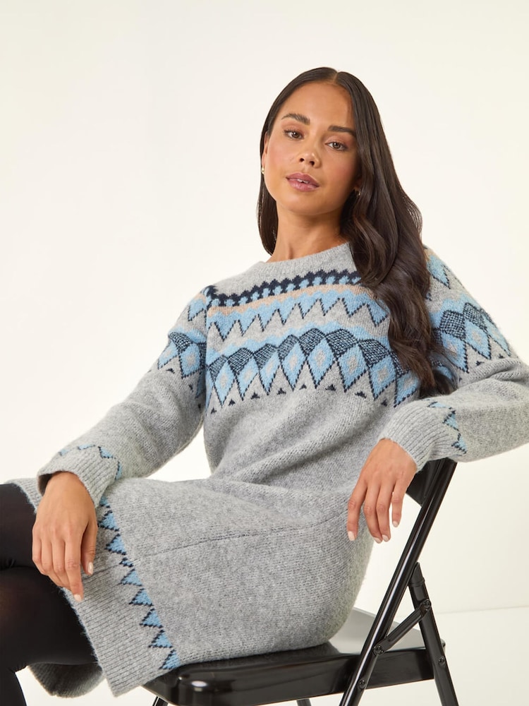 Roman Grey Petite Nordic Pattern Knit Jumper Dress - Image 1 of 5
