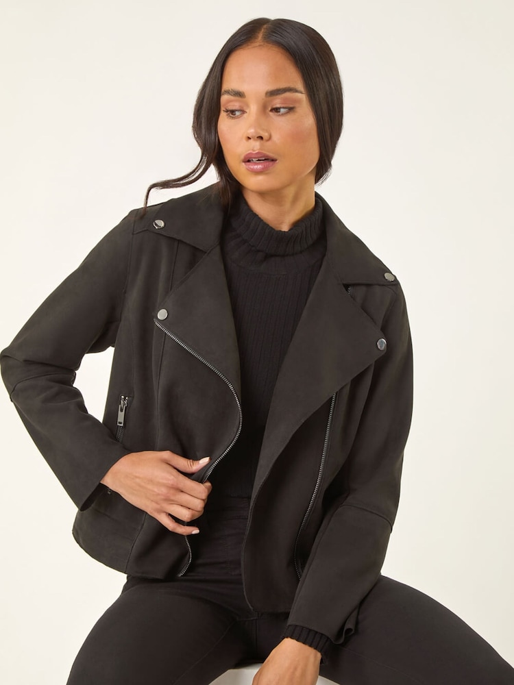 Roman Black Petite Petite Suedette Biker Jacket - Image 1 of 5 Roman Black Petite Petite Suedette Biker Jacket - Image 1 of 5