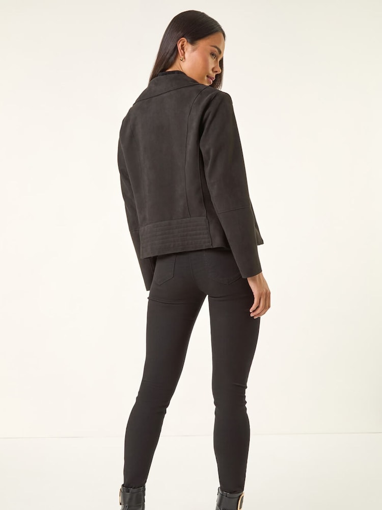 Roman Black Petite Petite Suedette Biker Jacket - Image 2 of 5 Roman Black Petite Petite Suedette Biker Jacket - Image 2 of 5