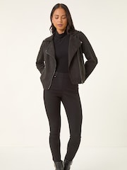 Roman Black Petite Petite Suedette Biker Jacket - Image 3 of 5