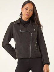 Roman Black Petite Petite Suedette Biker Jacket - Image 4 of 5