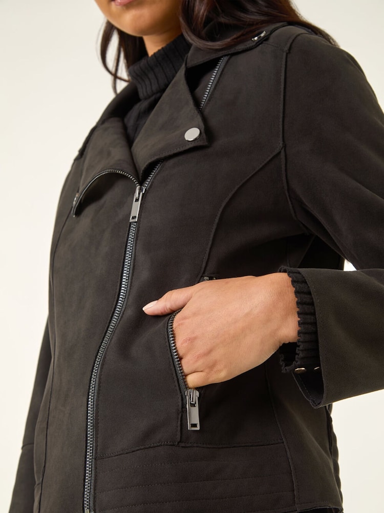 Roman Black Petite Petite Suedette Biker Jacket - Image 5 of 5 Roman Black Petite Petite Suedette Biker Jacket - Image 5 of 5