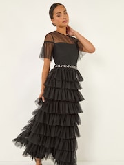 Roman Black Petite Embellished Mesh Tiered Dress - Image 1 of 5
