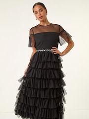 Roman Black Petite Embellished Mesh Tiered Dress - Image 2 of 5