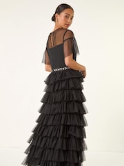 Roman Black Petite Embellished Mesh Tiered Dress - Image 3 of 5