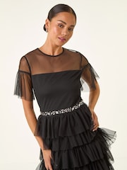 Roman Black Petite Embellished Mesh Tiered Dress - Image 4 of 5