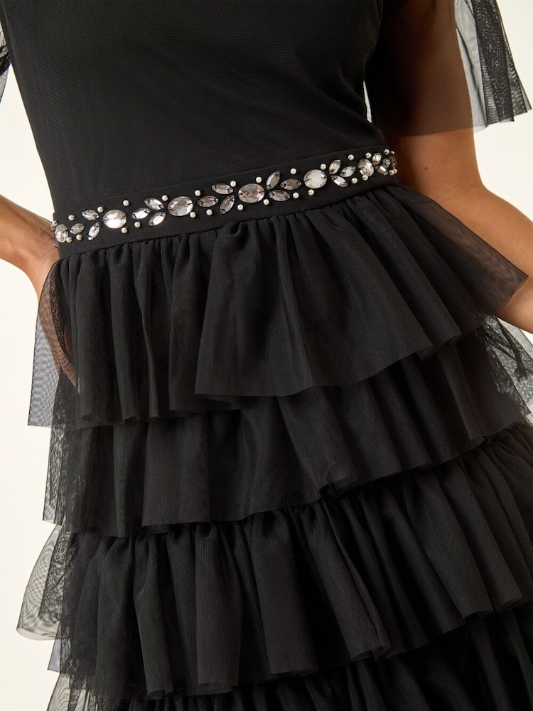 Roman Black Petite Embellished Mesh Tiered Dress - Image 5 of 5 Roman Black Petite Embellished Mesh Tiered Dress - Image 5 of 5