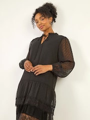 Roman Black Petite Frill Tie Front Lace Dress - Image 1 of 5