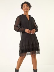 Roman Black Petite Frill Tie Front Lace Dress - Image 2 of 5