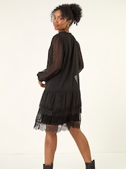 Roman Black Petite Frill Tie Front Lace Dress - Image 3 of 5