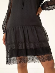 Roman Black Petite Frill Tie Front Lace Dress - Image 5 of 5
