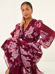 Roman Red Petite Floral Print Trim Midi Dress - Image 1 of 5