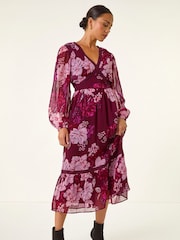Roman Red Petite Floral Print Trim Midi Dress - Image 2 of 5