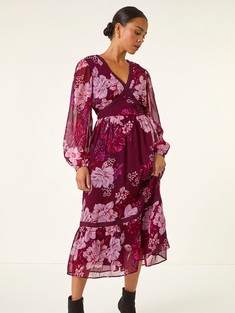 Roman Red Petite Floral Print Trim Midi Dress - Image 2 of 5 Roman Red Petite Floral Print Trim Midi Dress - Image 2 of 5