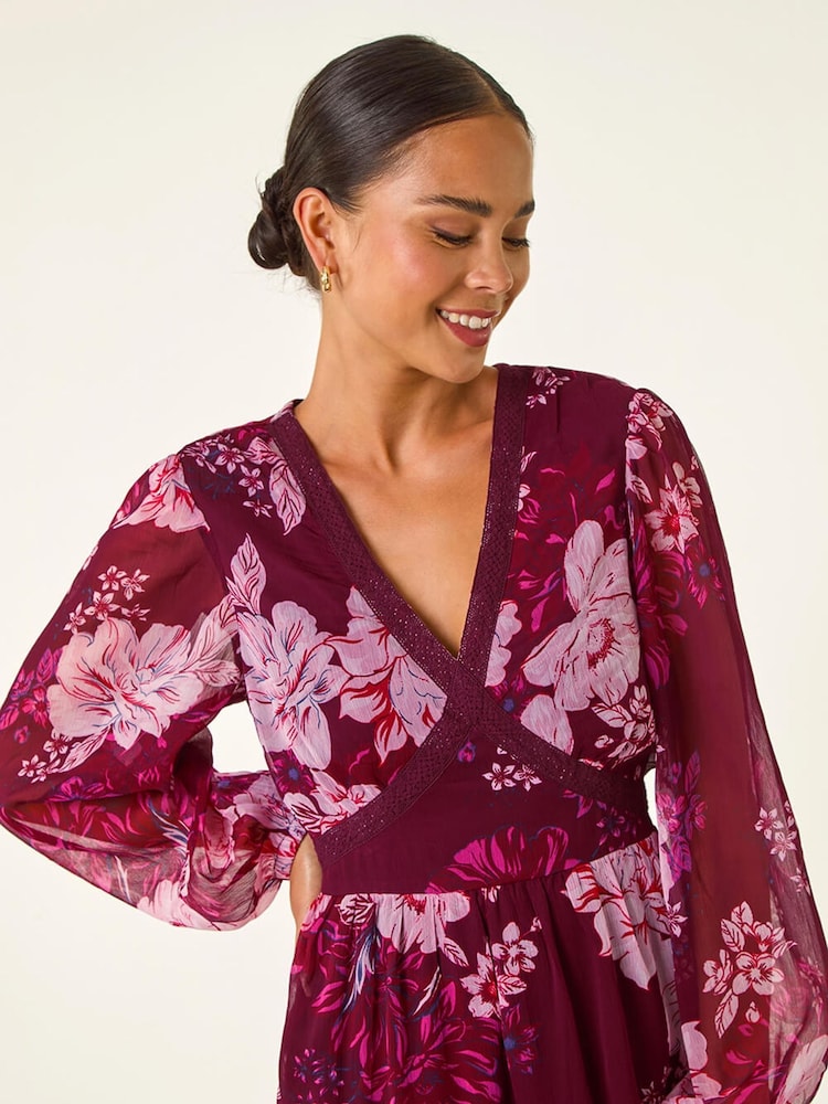 Roman Red Petite Floral Print Trim Midi Dress - Image 5 of 5 Roman Red Petite Floral Print Trim Midi Dress - Image 5 of 5