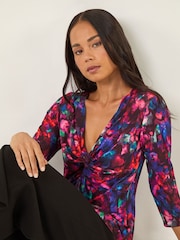 Roman Red Petite Abstract Print Knot Front Blouse - Image 1 of 5