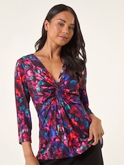 Roman Red Petite Abstract Print Knot Front Blouse - Image 4 of 5