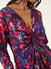 Roman Red Petite Abstract Print Knot Front Blouse - Image 5 of 5