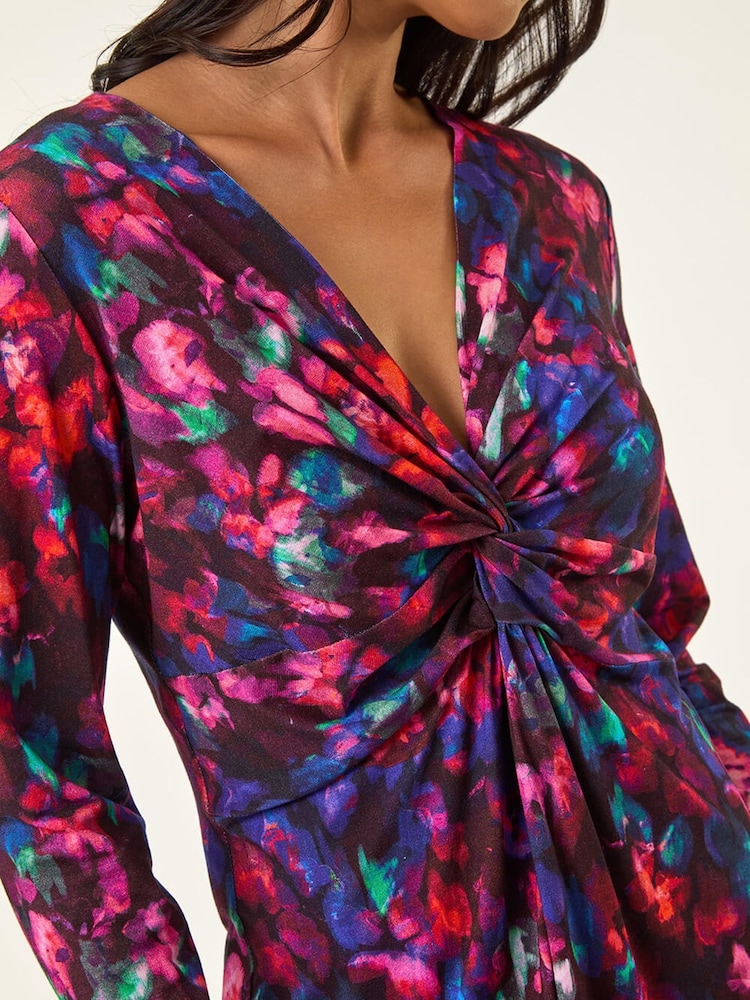 Roman Red Petite Abstract Print Knot Front Blouse - Image 5 of 5 Roman Red Petite Abstract Print Knot Front Blouse - Image 5 of 5