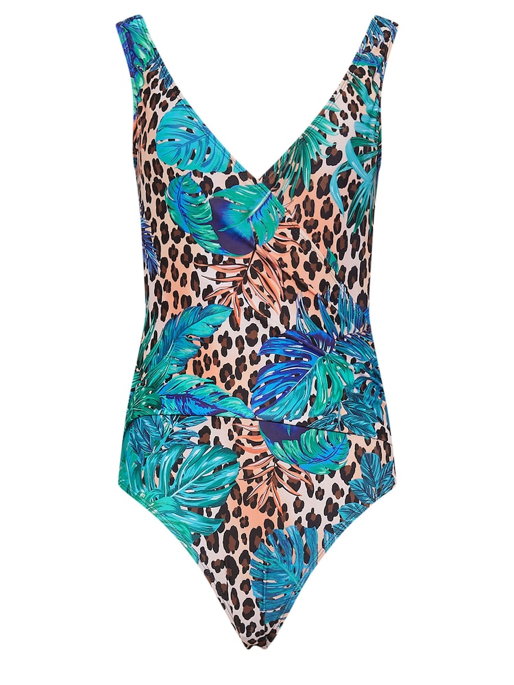 Long Tall Sally Blue&Brown Tropical Leopard Print Wrap Swimsuit - Image 6 of 6