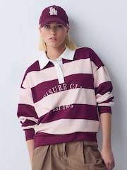 Pink/Burgundy Striped Leisure Club Graphic Rugby Sweat Top - Image 2 of 5