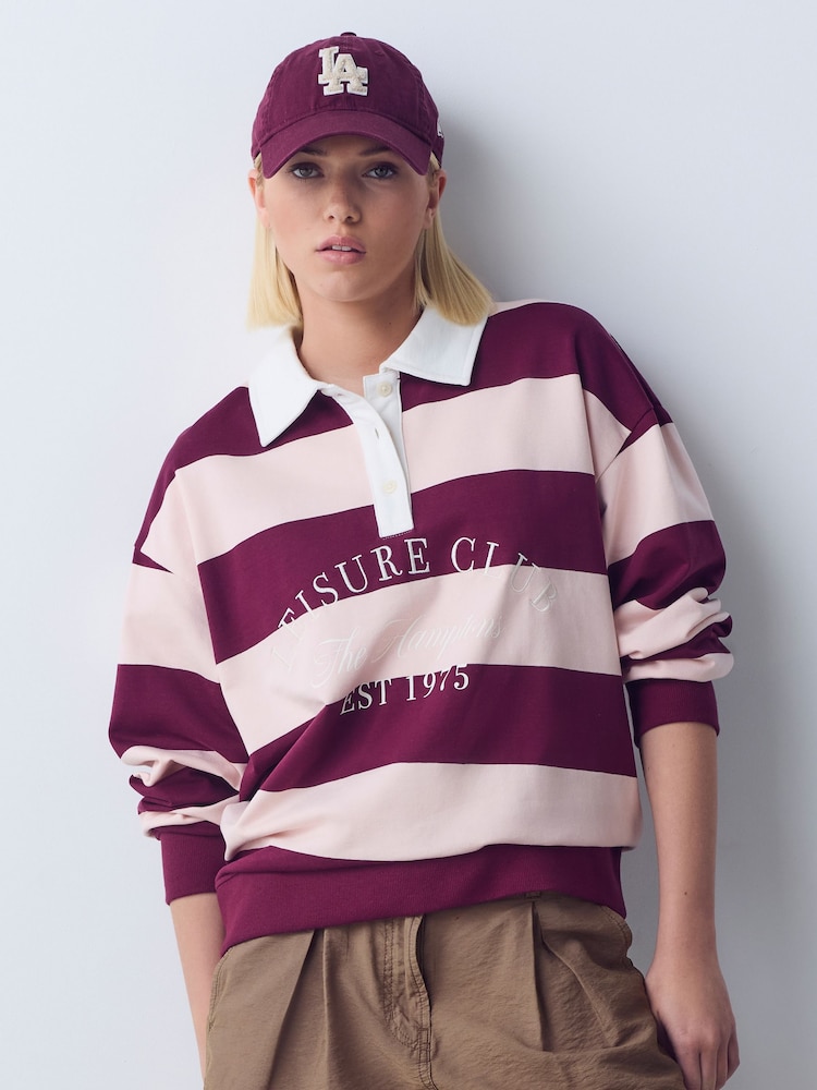 Pink/Burgundy Striped Leisure Club Graphic Rugby Sweat Top - Image 2 of 5