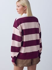 Pink/Burgundy Striped Leisure Club Graphic Rugby Sweat Top - Image 4 of 5