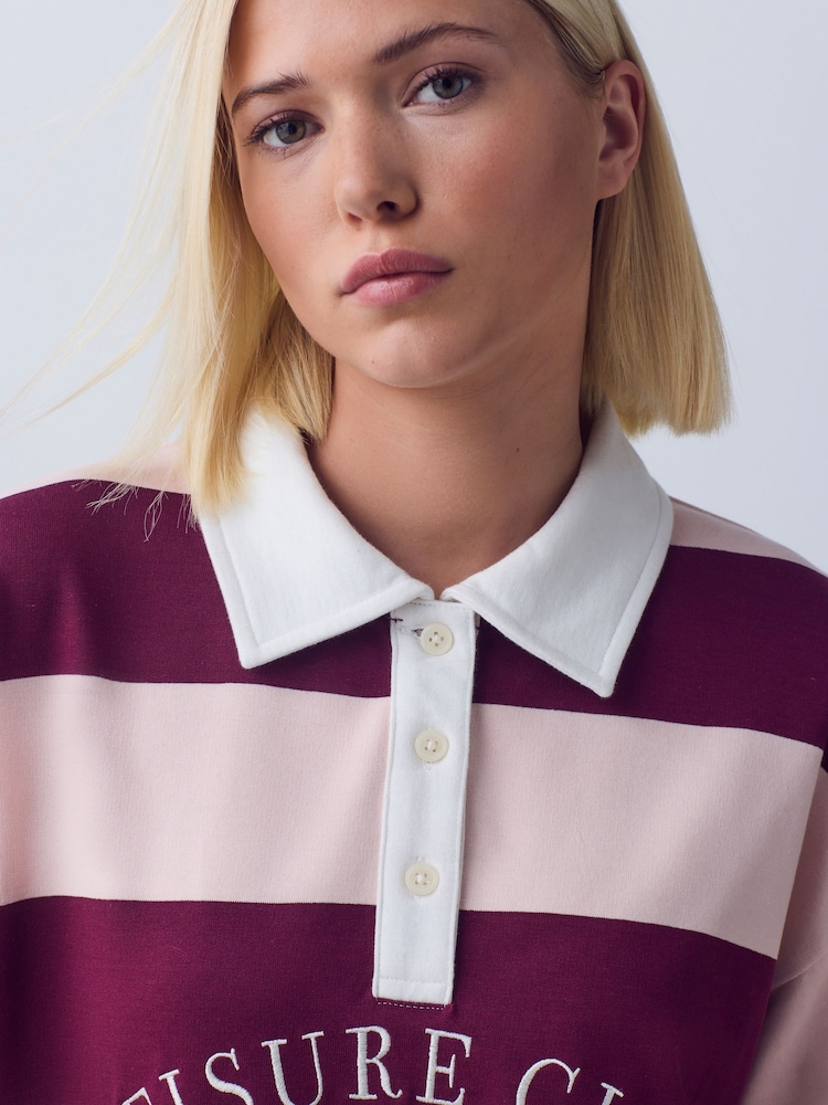 Pink/Burgundy Striped Leisure Club Graphic Rugby Sweat Top - Image 5 of 5