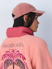 Coral/Orange Summer Graphic Embroidered  Borg Jacket - Image 4 of 9