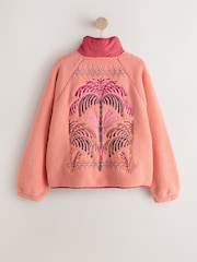 Coral/Orange Summer Graphic Embroidered  Borg Jacket - Image 6 of 9