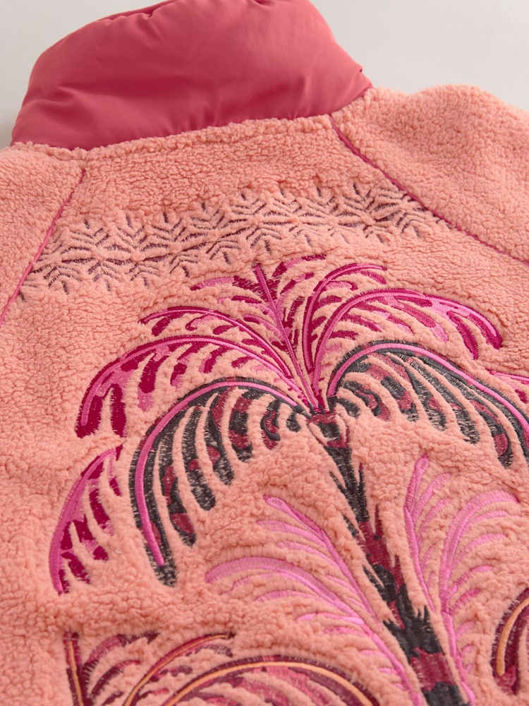 Coral/Orange Summer Graphic Embroidered  Borg Jacket - Image 9 of 9