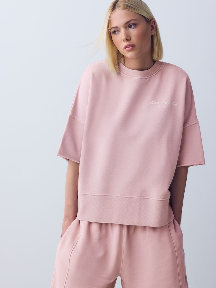 Розовый - Washed Look Short Sleeve Graphic Sweatshirt - Изображение 2 5