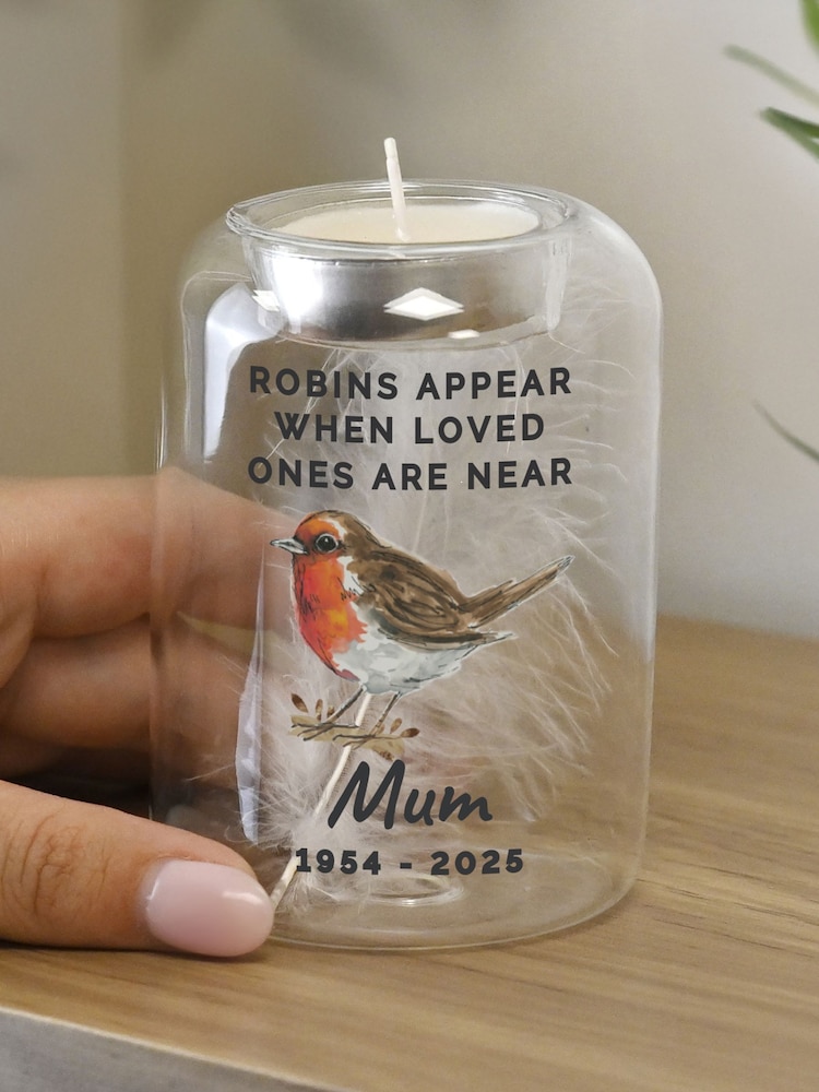 Personalised Robin Memorial Feather Tealight Holder by PMC - Image 2 of 3