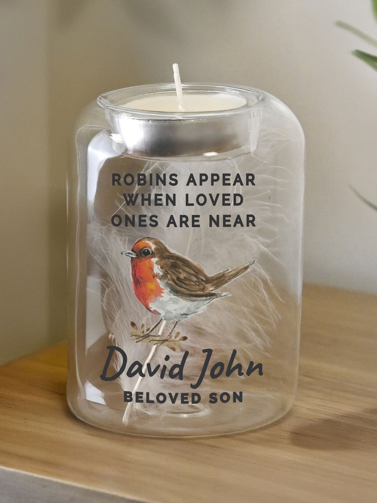 Personalised Robin Memorial Feather Tealight Holder by PMC - Image 3 of 3