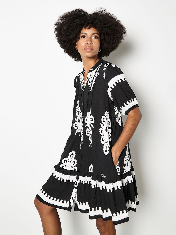 Apricot Black Baroque Pleat Detail Shirt Dress - Image 1 of 5 Apricot Black Baroque Pleat Detail Shirt Dress - Image 1 of 5