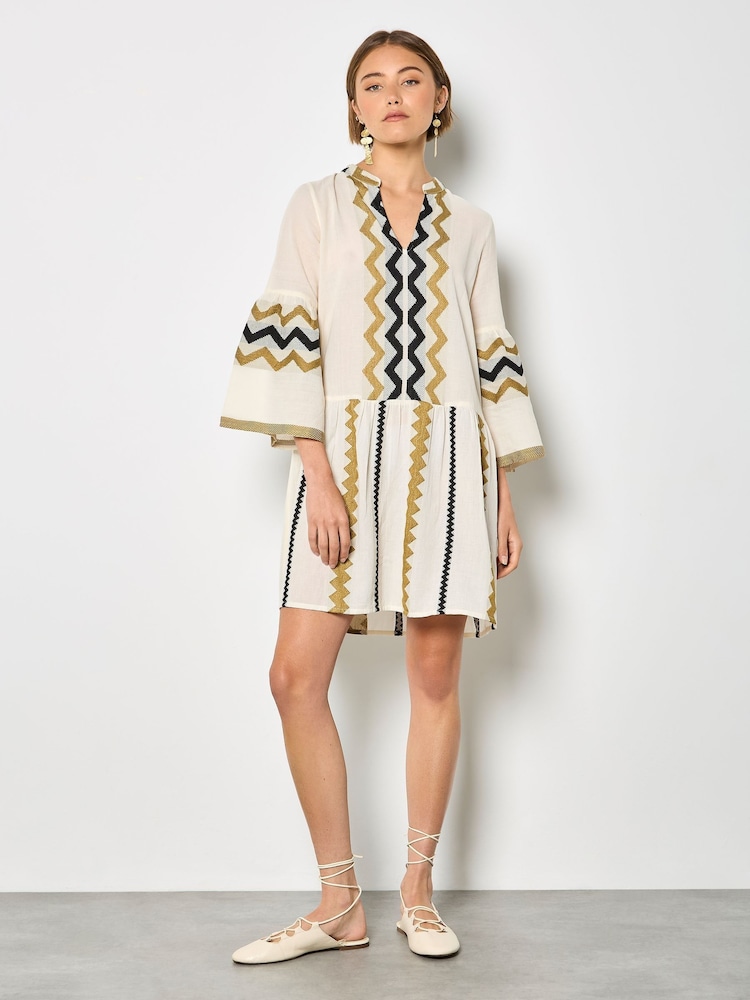 Apricot Natural Placement Jacquard Bell Sleeve Dress - Image 1 of 4
