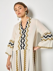 Apricot Natural Placement Jacquard Bell Sleeve Dress - Image 2 of 4