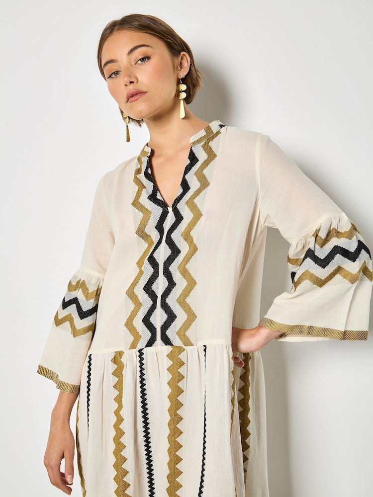 Apricot Natural Placement Jacquard Bell Sleeve Dress - Image 2 of 4