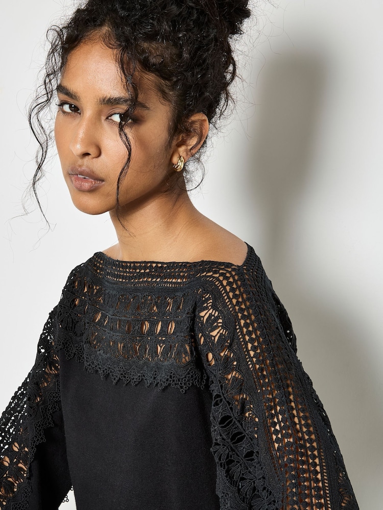 Apricot Black Lace Neck And Sleeve Detail Jumper - Image 2 of 4 Apricot Black Lace Neck And Sleeve Detail Jumper - Image 2 of 4