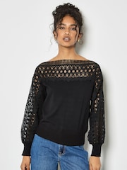 Apricot Black Lace Neck And Sleeve Detail Jumper - Image 3 of 4