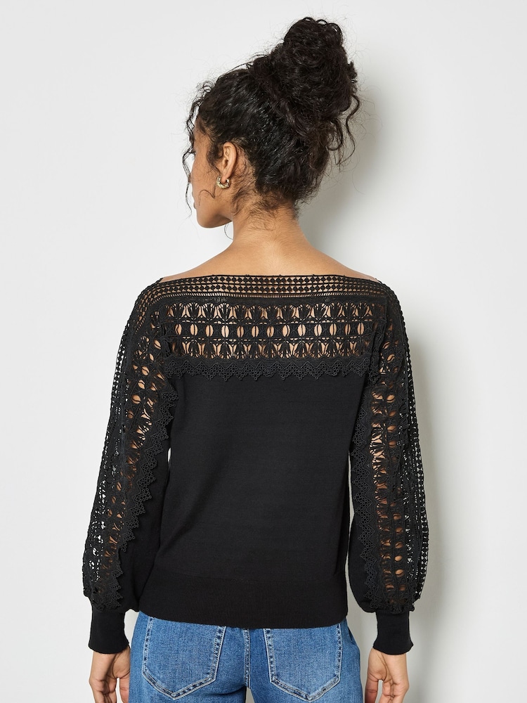 Apricot Black Lace Neck And Sleeve Detail Jumper - Image 4 of 4 Apricot Black Lace Neck And Sleeve Detail Jumper - Image 4 of 4