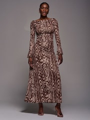 Jolie Moi Brown Long Sleeve Slash Neck Maxi Dress - Image 1 of 5