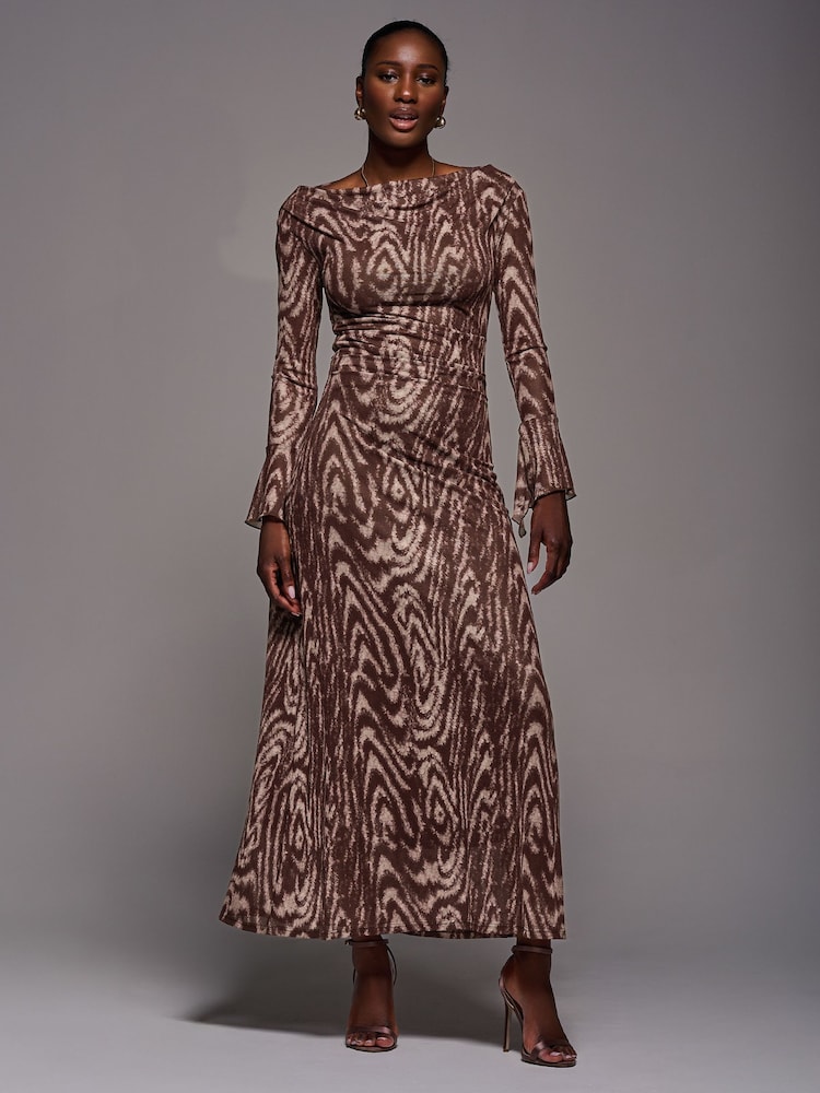 Jolie Moi Brown Long Sleeve Slash Neck Maxi Dress - Image 1 of 5