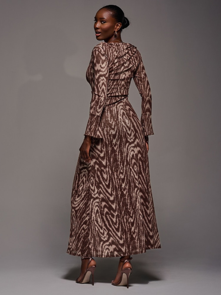 Jolie Moi Brown Long Sleeve Slash Neck Maxi Dress - Image 2 of 5