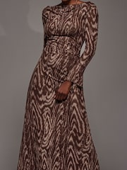 Jolie Moi Brown Long Sleeve Slash Neck Maxi Dress - Image 3 of 5