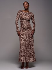 Jolie Moi Brown Long Sleeve Slash Neck Maxi Dress - Image 4 of 5