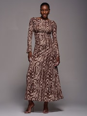 Jolie Moi Brown Long Sleeve Slash Neck Maxi Dress - Image 5 of 5