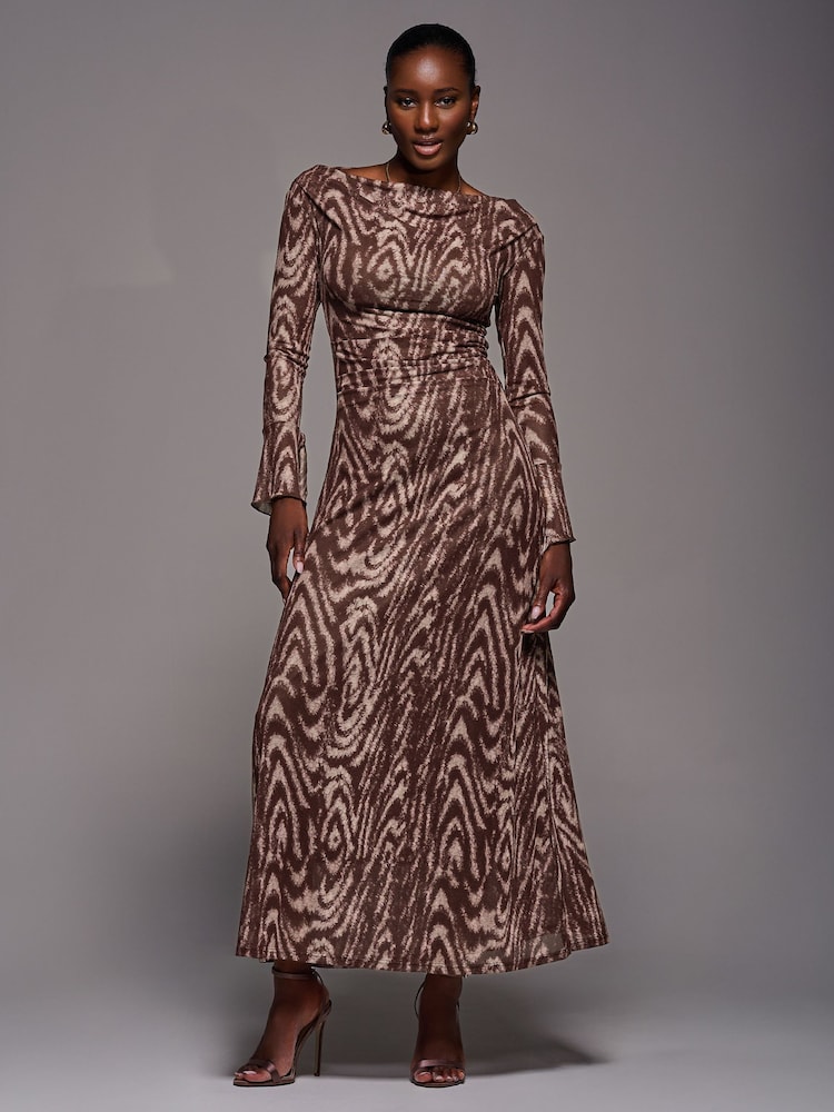 Jolie Moi Brown Long Sleeve Slash Neck Maxi Dress - Image 5 of 5